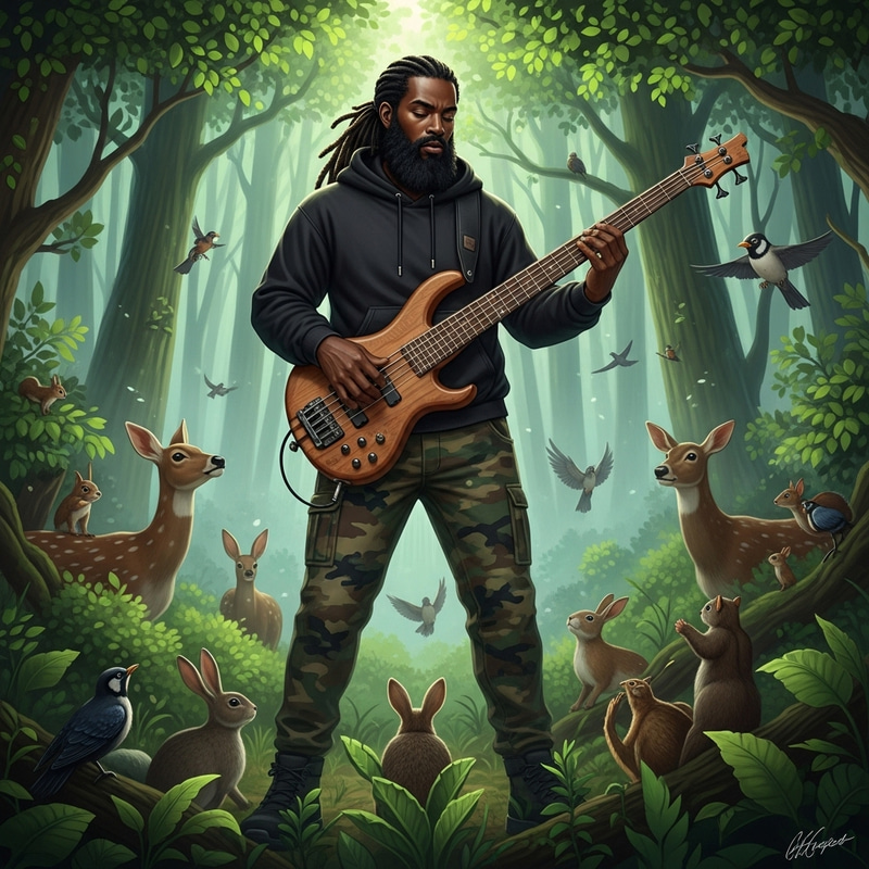 Bearded Musician in Forest Playing Bass Guitar | Captivating Scene Bearded Musician in Forest Playing Bass Guitar | Captivating Scene