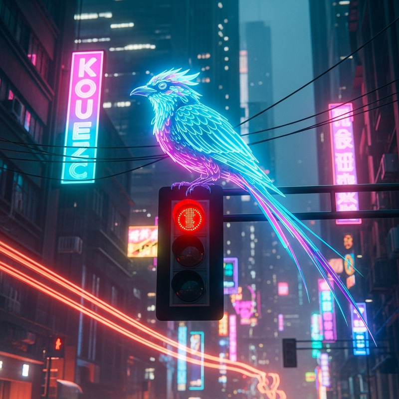 Neon Cyberpunk Bird Creature in Futuristic Cityscape with Vibrant Lights Neon Cyberpunk Bird Creature in Futuristic Cityscape with Vibrant Lights