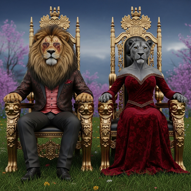 Majestic Power Couple: Alpha Lion King & Queen Lioness in Regal Splendor