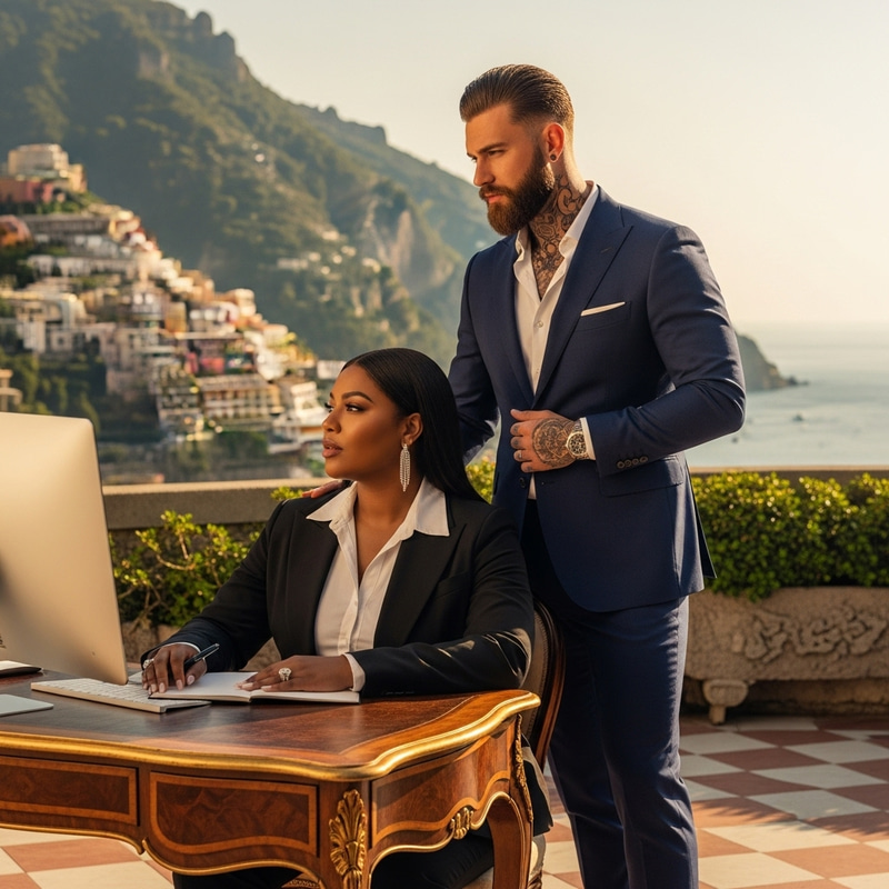 Confident Plus-Size African American Woman & White Russian Man at Luxurious Italian Villa Confident Plus-Size African American Woman & White Russian Man at Luxurious Italian Villa