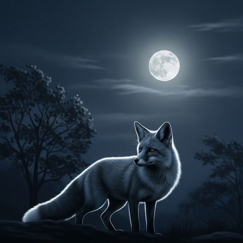 Moonlit Fox - Serene Nighttime Scene in Silver Glow Moonlit Fox - Serene Nighttime Scene in Silver Glow