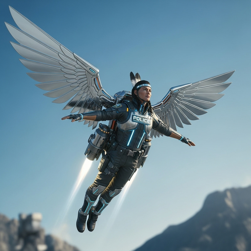 Cyberpunk Native American Officer with Jetpack