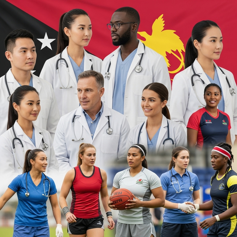 Diverse Physiotherapists Working with Athletes, Papua New Guinea Theme Diverse Physiotherapists Working with Athletes, Papua New Guinea Theme