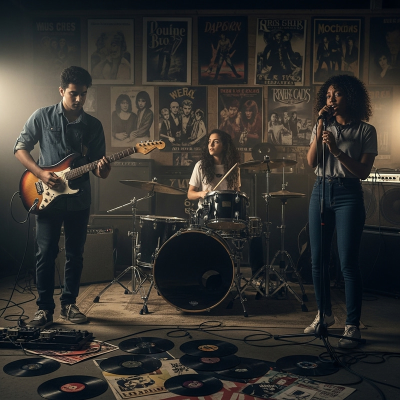 Inclusive Rock Music Jam: Diverse Band Jamming in Garage Inclusive Rock Music Jam: Diverse Band Jamming in Garage