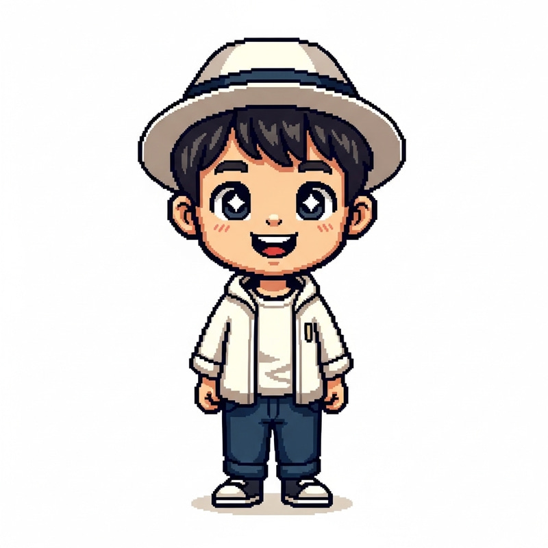Pixel Art Cute Asian Boy Portrait with Stylish Hat