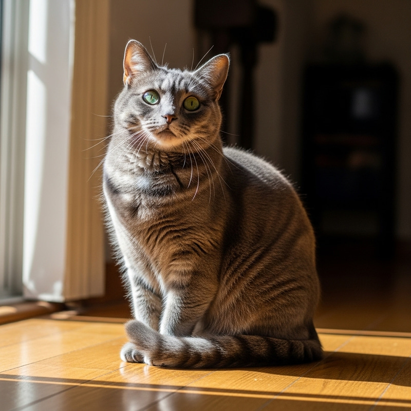 Fluffy Grey Cat sitting on Wooden Floor - Beautiful Domestic Feline Fluffy Grey Cat sitting on Wooden Floor - Beautiful Domestic Feline
