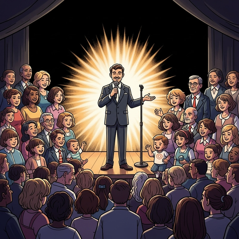 Inspirational Stand-Up Comic Engaging Diverse Crowd with Grace