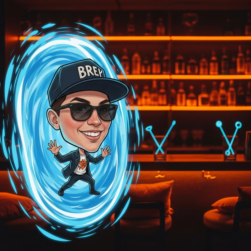 Caricature Emerges from Portal at Vibrant Bar Scene Caricature Emerges from Portal at Vibrant Bar Scene