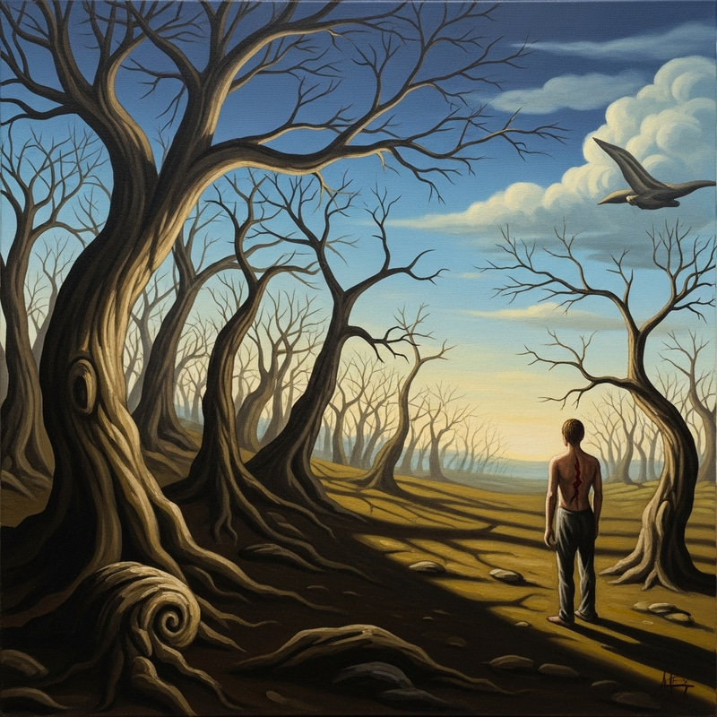 Betrayal: Surrealistic Art in Eerie Forest Landscape