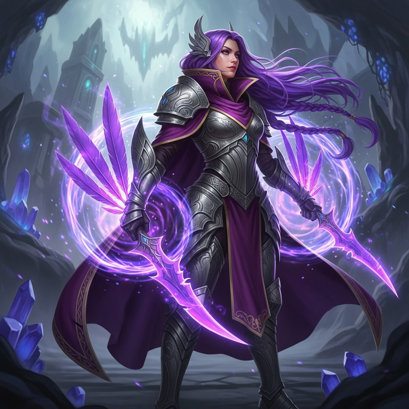 Xayah: Fantasy Female Character with Purple Hair & Magical Feathers