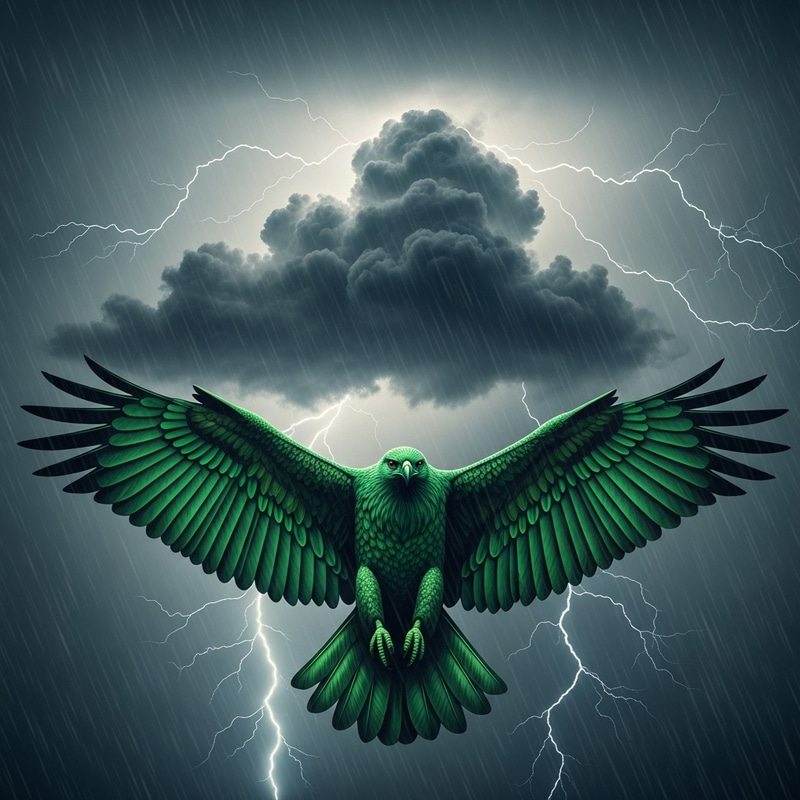 Majestic Muscular Green Eagle Soaring Through Thunderstorm Majestic Muscular Green Eagle Soaring Through Thunderstorm
