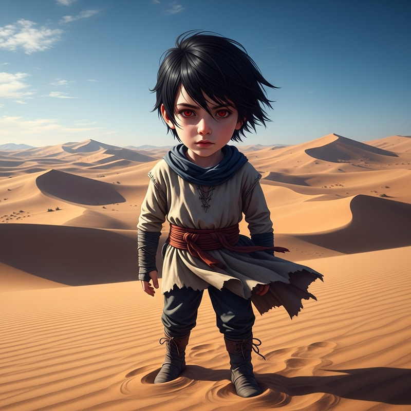 Young Boy with Pale Skin and Red Eyes in Desert Young Boy with Pale Skin and Red Eyes in Desert