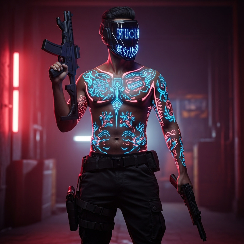 Cyberpunk Man with Neon Tattoos, LED Helmet, and SMGs