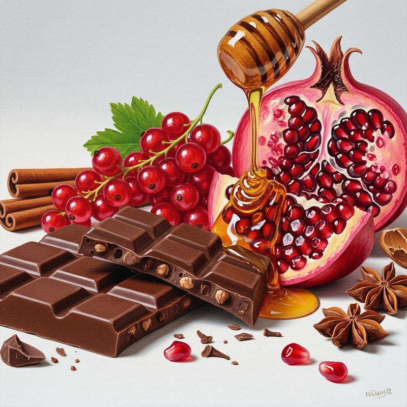 Delectable Milk Chocolate with Red Currant, Pomegranate, Honey & Spices Delectable Milk Chocolate with Red Currant, Pomegranate, Honey & Spices