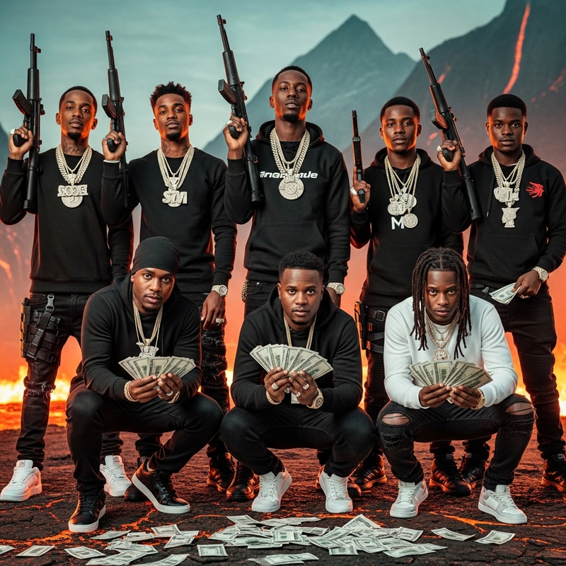 Realistic Futuristic Image of 8 People with Weapons, Gold Chains, Diamonds, Money, and Mountains with Lava Background