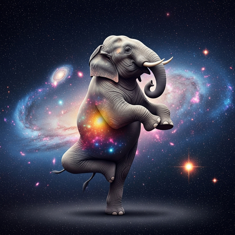 Elephant Yogi in Garudasana Pose in Cosmic Space