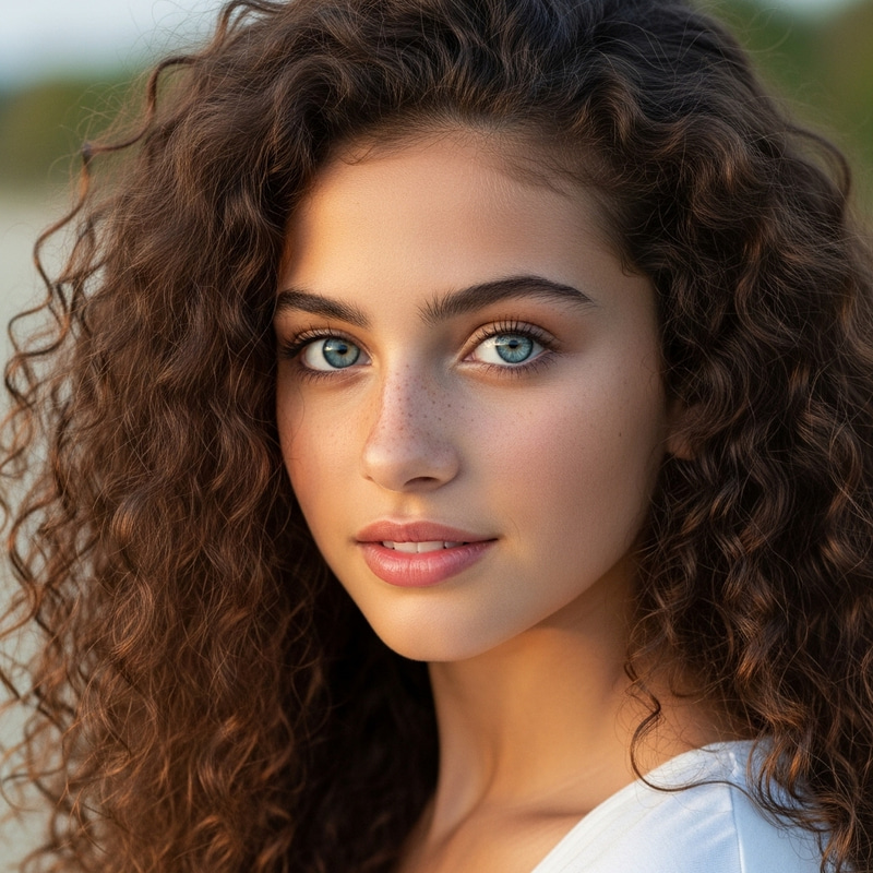 Photorealistic Beautiful Girl with Azure Blue Eyes and Long Curly Brown Hair Photorealistic Beautiful Girl with Azure Blue Eyes and Long Curly Brown Hair