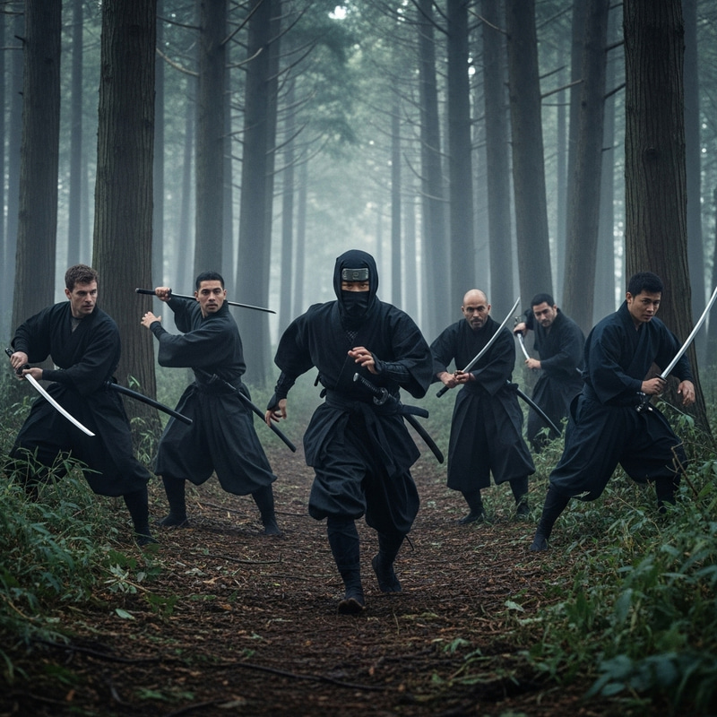 Ninja Evading Pursuers in Ancient Japanese Forest