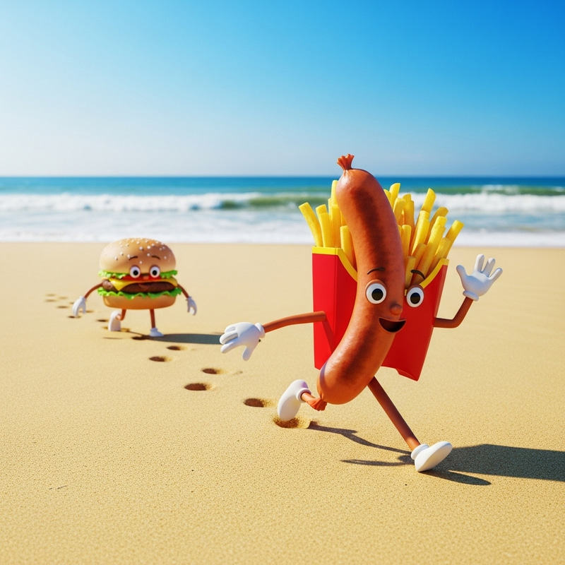Fast Food with Legs: A Whimsical Beach Adventure Fast Food with Legs: A Whimsical Beach Adventure