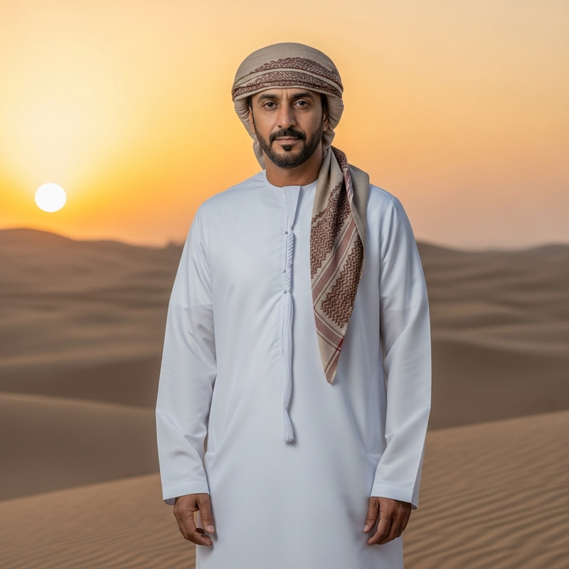 Arabian Man Against Sunset in Traditional Attire