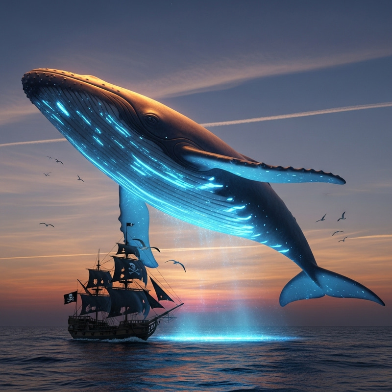 Radiant Blue Whale in Sky Soaring Above Pirate Ship