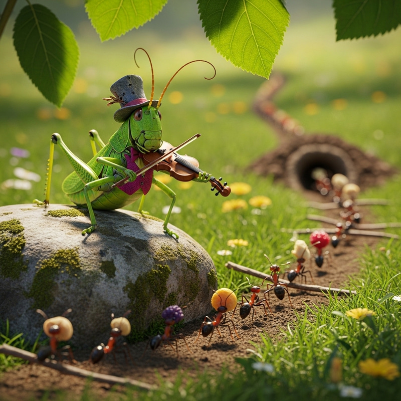 Cheerful Grasshopper Fiddling | Industrious Ants Collecting Food Cheerful Grasshopper Fiddling | Industrious Ants Collecting Food