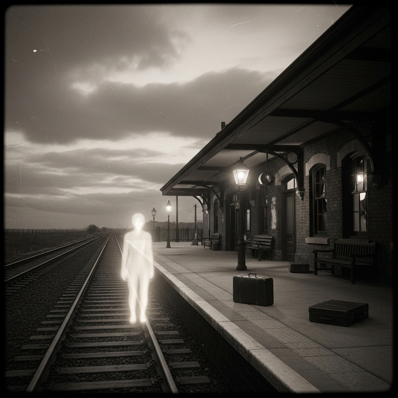 Vintage Haunted Train Station with Ghostly Apparition Vintage Haunted Train Station with Ghostly Apparition