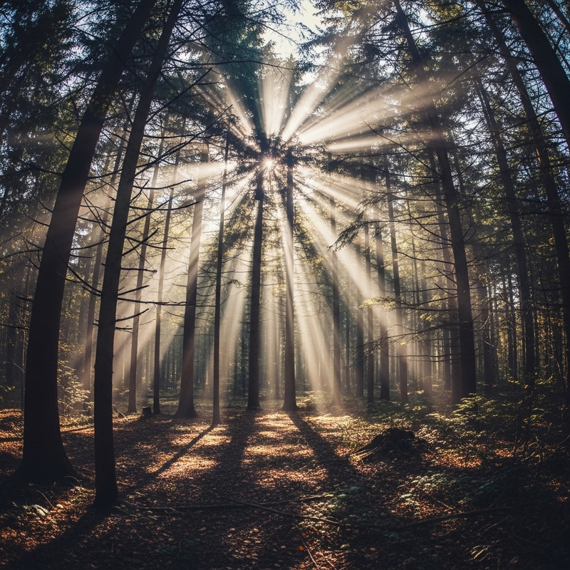 Captivating Mystical Forest Scene with Sunlight Rays Captivating Mystical Forest Scene with Sunlight Rays