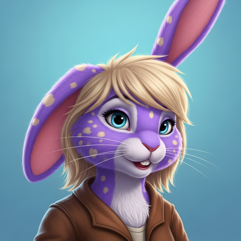 Vivid Purple Female Bunny with Blonde Tufts and Blue Eyes