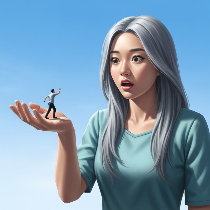 Colossal East Asian Woman and Tiny figure in Surreal Afternoon Scene Colossal East Asian Woman and Tiny figure in Surreal Afternoon Scene