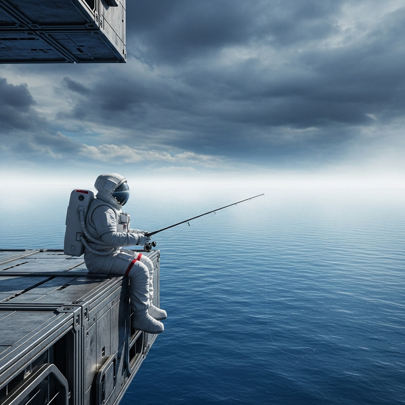 Astronaut Fishing on Spaceship Over Water Astronaut Fishing on Spaceship Over Water
