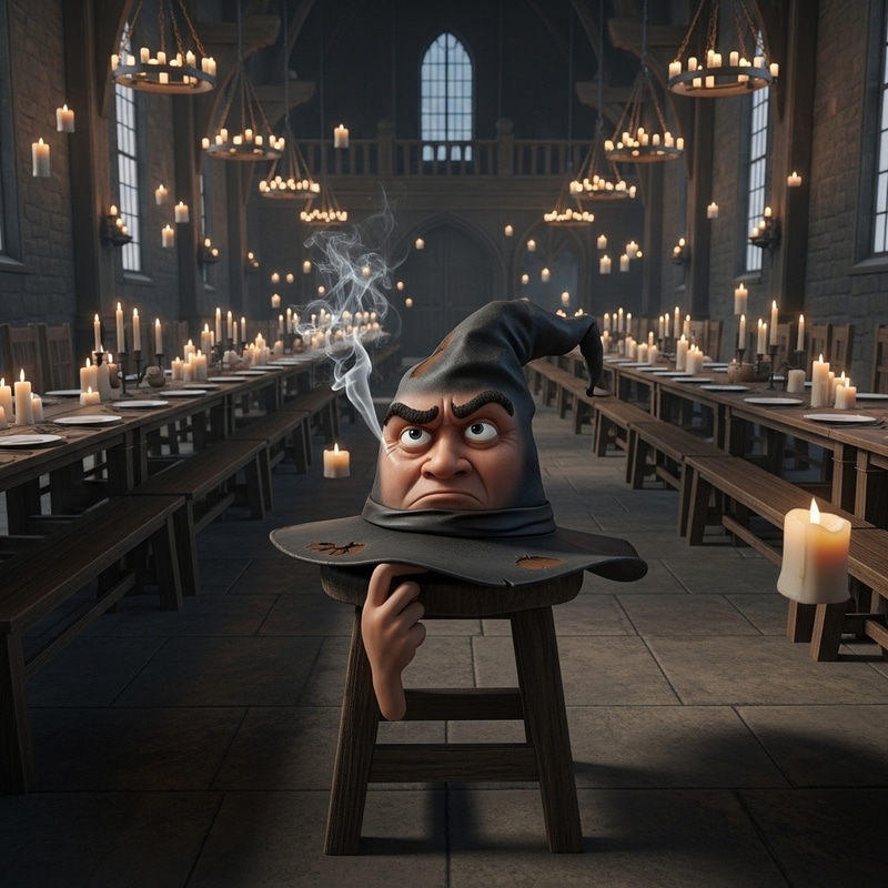 Dramatic Hogwarts Great Hall Illustration with Sorting Hat Dramatic Hogwarts Great Hall Illustration with Sorting Hat