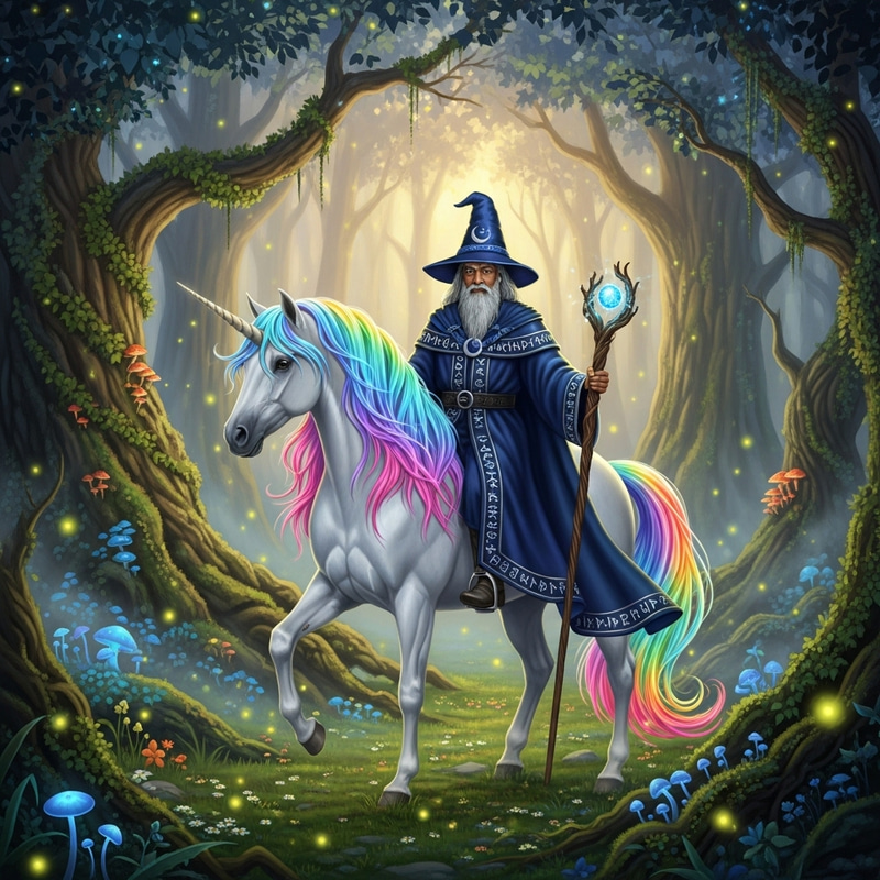 Rainbow-Maned Unicorn and Wizard in Enchanted Forest Rainbow-Maned Unicorn and Wizard in Enchanted Forest