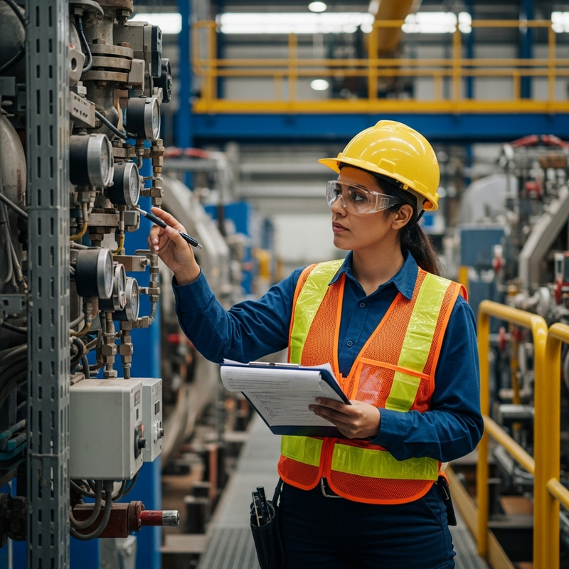 Hispanic Female Worker Conducting Safety Inspection for a Secure Workplace Hispanic Female Worker Conducting Safety Inspection for a Secure Workplace