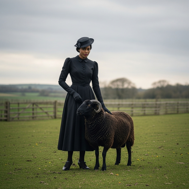 Vintage Black Woman in Stylish Country Setting with Sheep