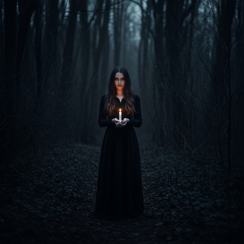 Dark Long Haired Woman in Black Forest Night Scene