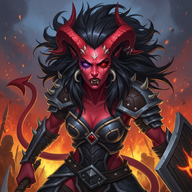 Red-Skinned Female Tiefling Barbarian in Fiery Battle Red-Skinned Female Tiefling Barbarian in Fiery Battle