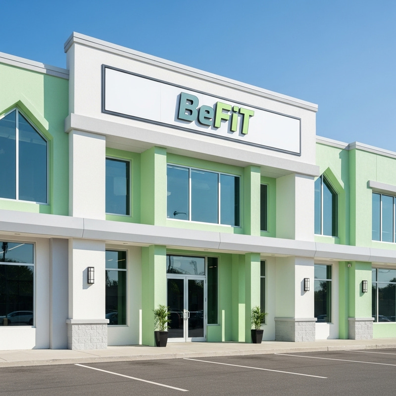 Energetic Pastel Green & White Fitness Gym Facade with BeFit Sign Energetic Pastel Green & White Fitness Gym Facade with BeFit Sign
