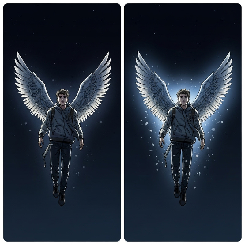 Teenage Boy with Imaginary Wings in Night Depths | 2D Art: Creative Concept vs Original Teenage Boy with Imaginary Wings in Night Depths | 2D Art: Creative Concept vs Original