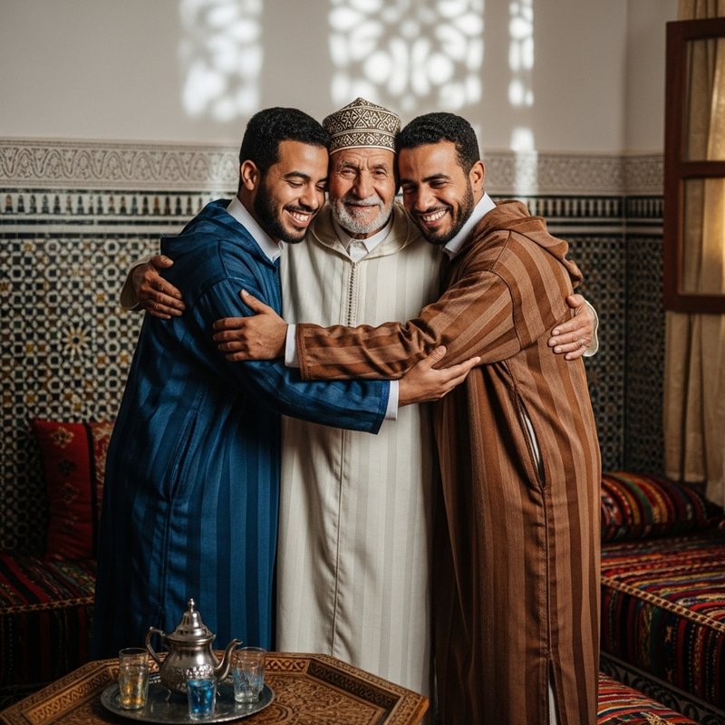 Heartwarming Moroccan Scene: Elderly Man Embraces Brothers Heartwarming Moroccan Scene: Elderly Man Embraces Brothers