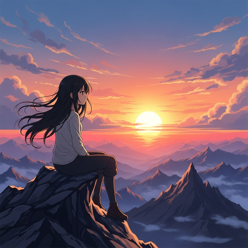 Anime Girl on Black Mountain Watching Sunset