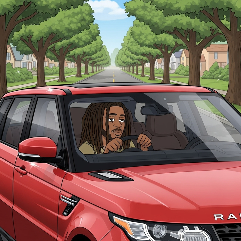 Cartoon Guy with Dreadlocks in Red Range Rover Sport Cartoon Guy with Dreadlocks in Red Range Rover Sport