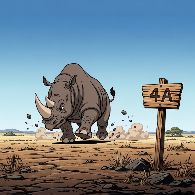 Rhino Charging Towards 4A Sign | Barren Landscape Background Rhino Charging Towards 4A Sign | Barren Landscape Background