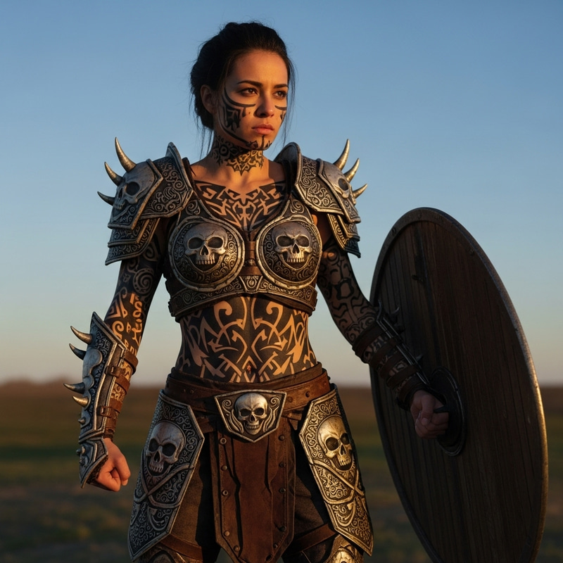 Warrior Girl in Armor with Skull Tattoos Warrior Girl in Armor with Skull Tattoos