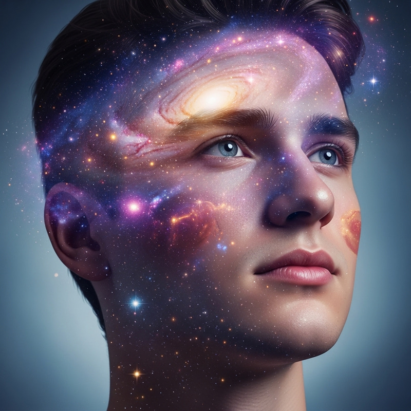 Face of Young Man in a Universe of Ideas