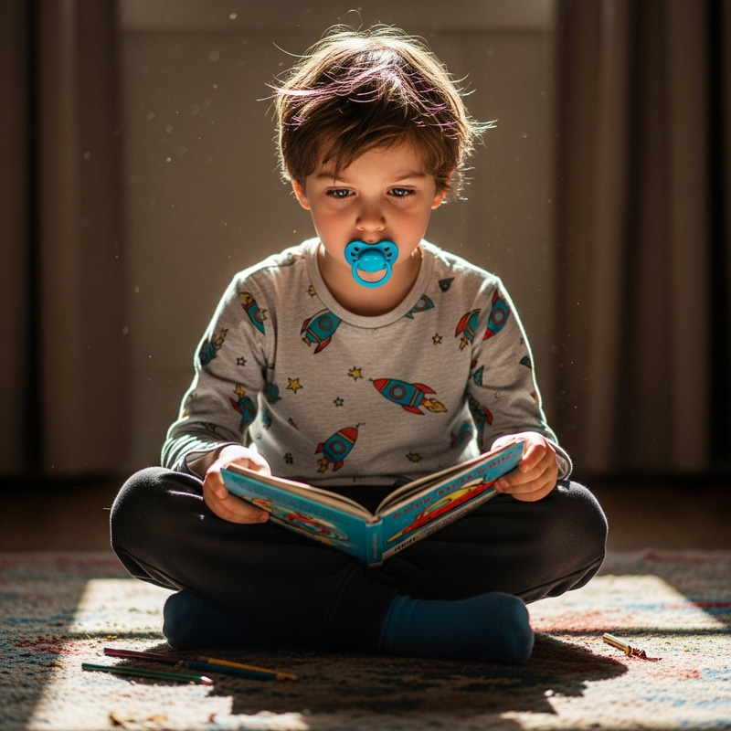 Focused Eight-Year-Old Boy with Blue Pacifier Focused Eight-Year-Old Boy with Blue Pacifier