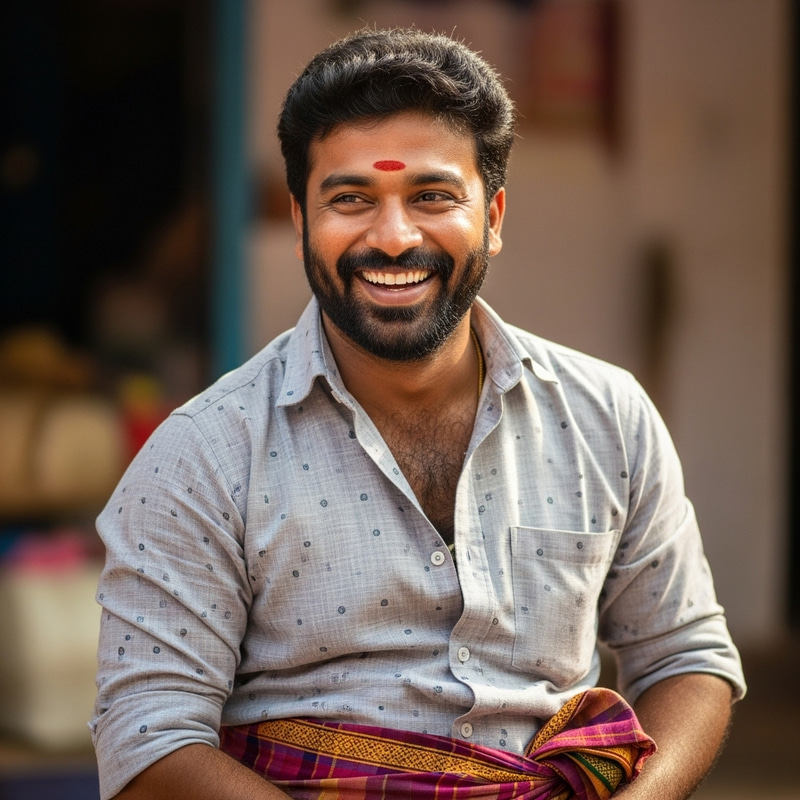 Joyful South Indian Man in Traditional Lungi and Shirt Joyful South Indian Man in Traditional Lungi and Shirt