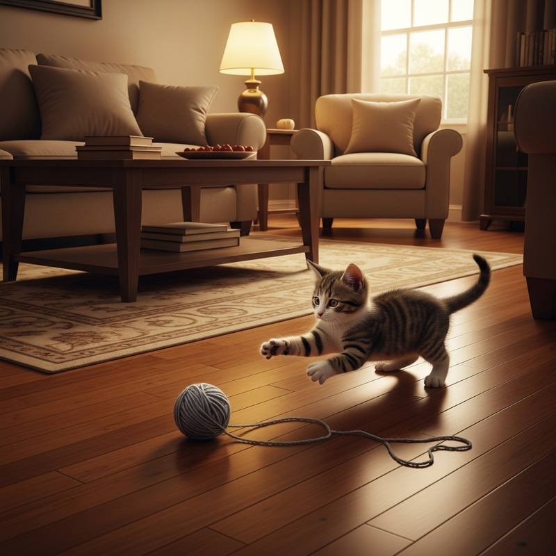 Cozy Living Room with a Playful Kitten Swatting Yarn Cozy Living Room with a Playful Kitten Swatting Yarn