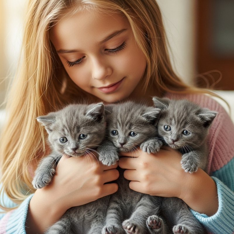 Beautiful Blonde Girl Comforting Three Grey Kittens Beautiful Blonde Girl Comforting Three Grey Kittens