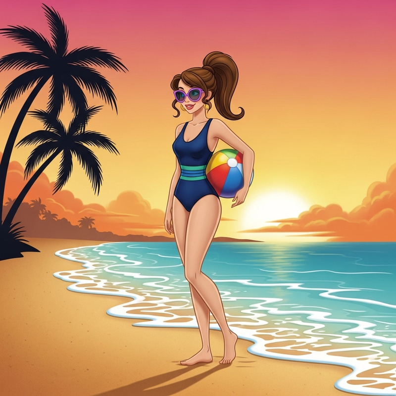 Disney Style Woman in Bikini at Sunset Beach